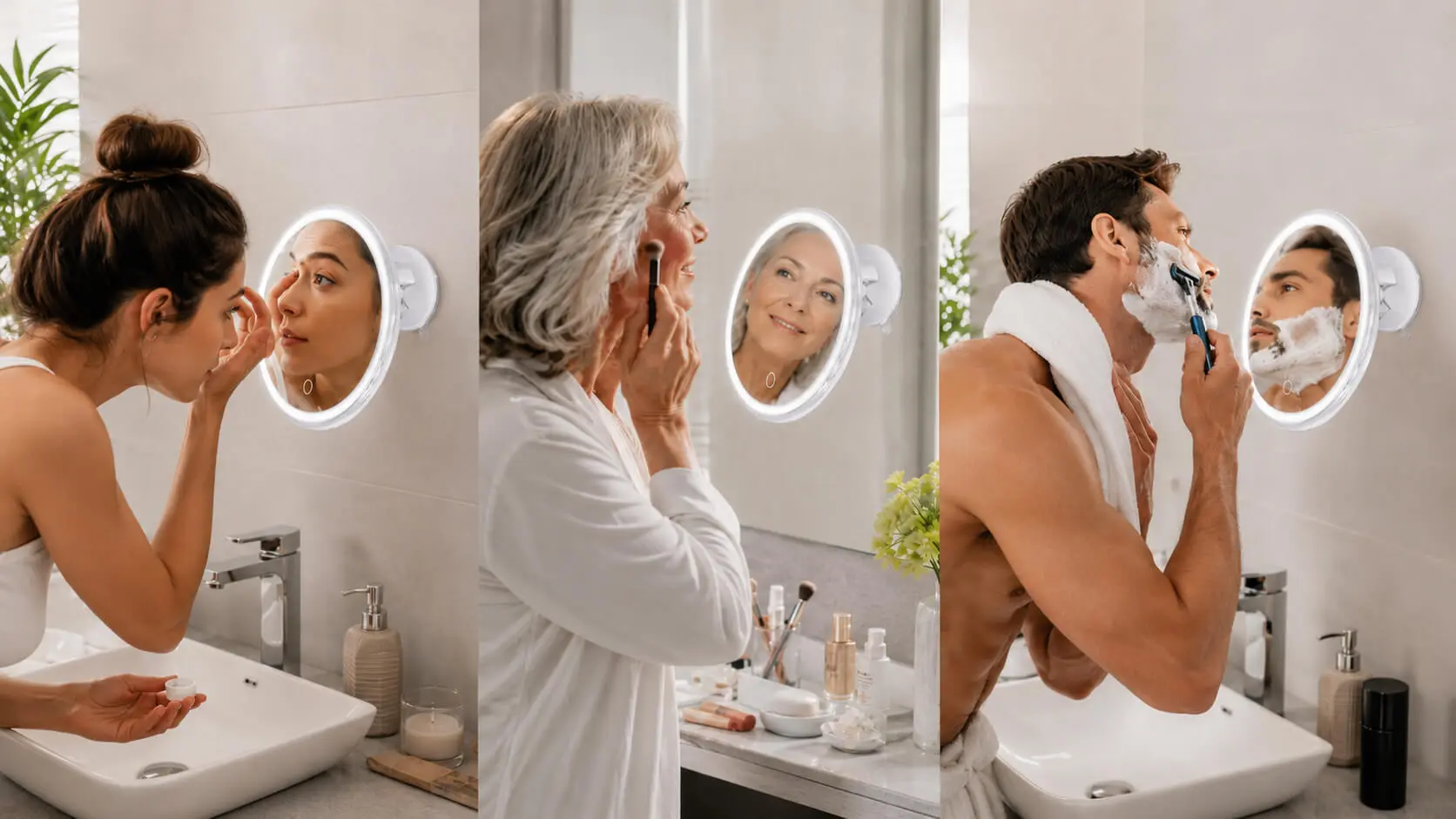 Espejo de aumento con ventosa y luz LED utilizado en el baño para poner lentillas, maquillarse y afeitarse