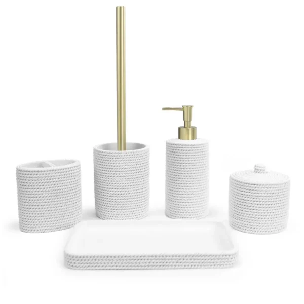 Juego completo de accesorios de baño Trenzo blanco con dispensador, portacepillos, escobilla WC, bandeja y algodonera