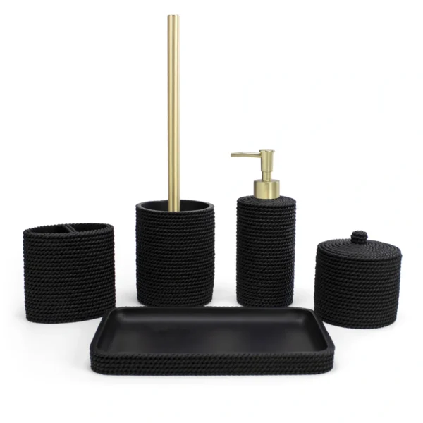 Juego completo de accesorios de baño Trenzo negro con dispensador, portacepillos, escobilla WC, bandeja y algodonera
