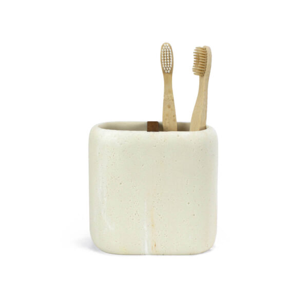Vaso portacepillos Pedra efecto piedra de resina beige con cepillos de dientes de bambú