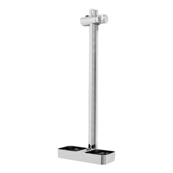 Barra de ducha adhesiva sin taladro cromada con soporte regulable para alcachofa y estante inferior